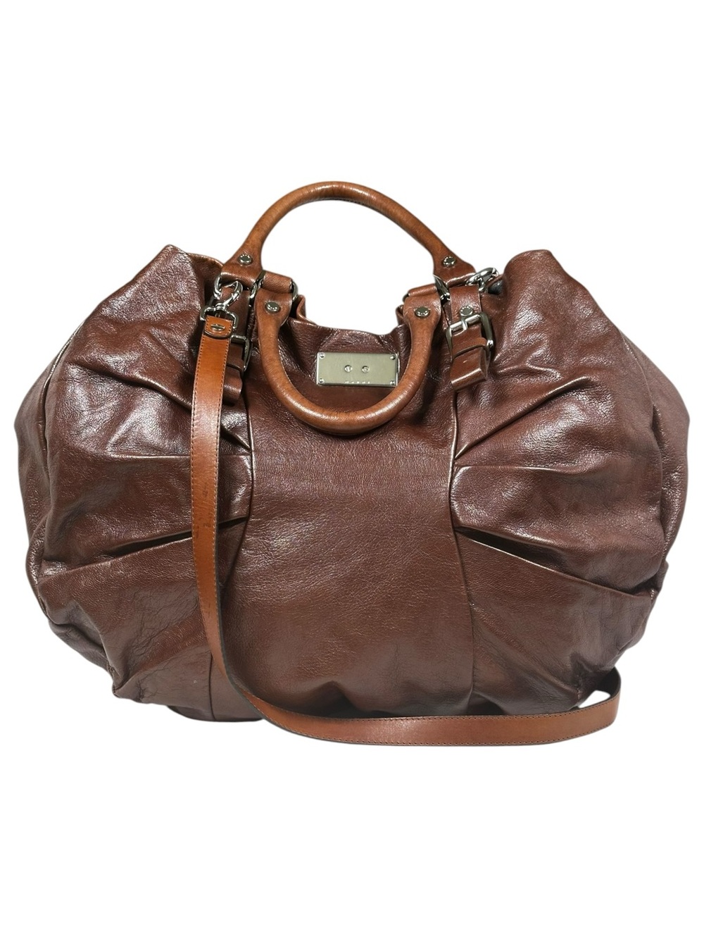 Marni Brown Leather Pleated Tote with Top Handles